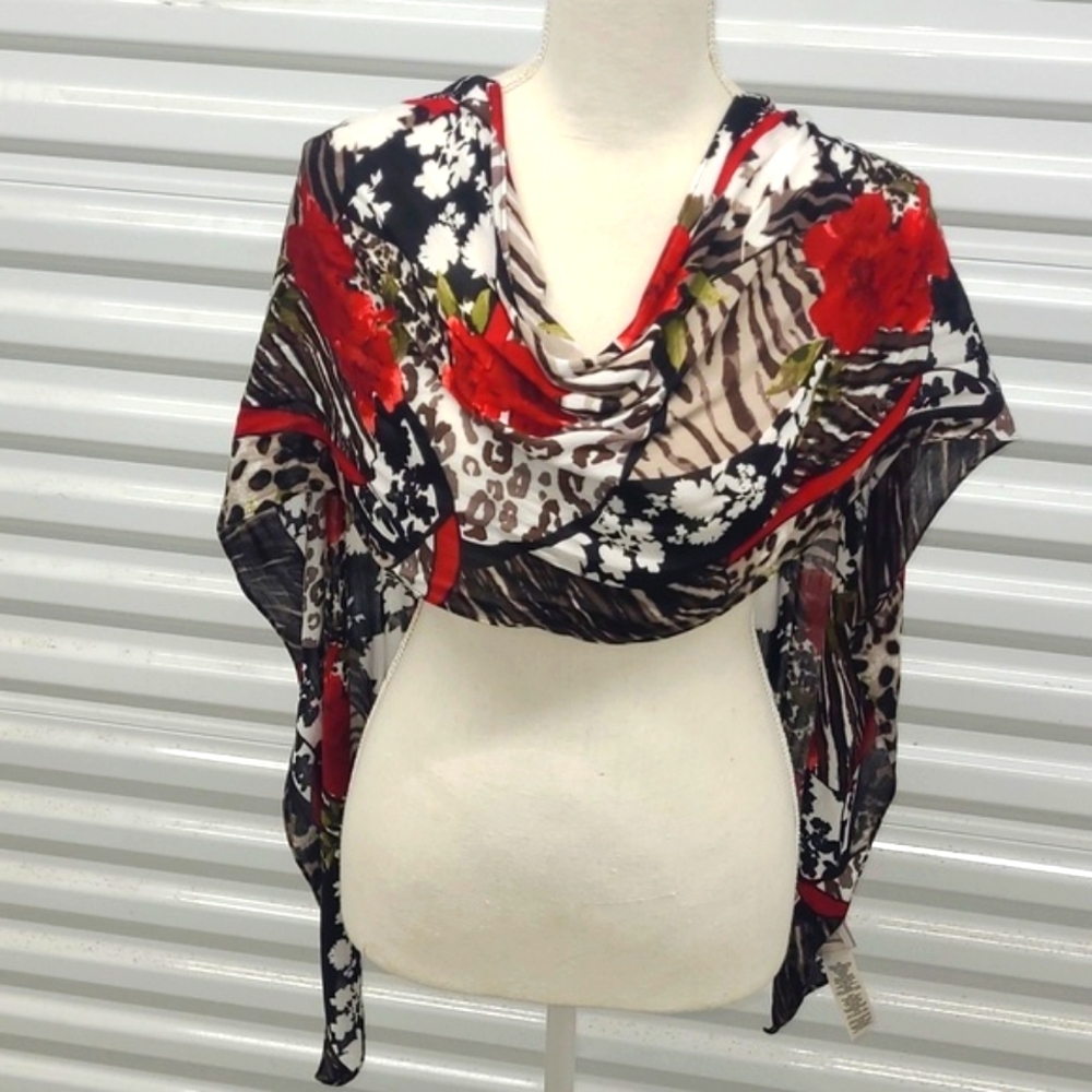 Scarf Patchwork Red Black Contrasting Bold Floral Animal Print Vintage Heirloom